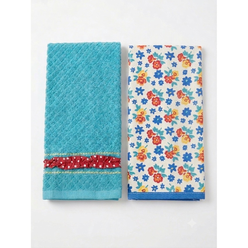 The Pioneer Woman Kitchen Towels Set of 2 Teal Waffle Ruffle Floral 100% Cotton